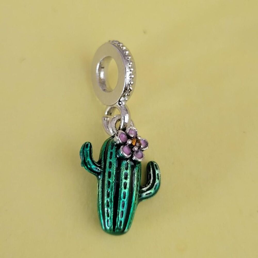 NWT For Pandora Charm Bracelets Cute Green Cactus Dangle Charm Pink Blossom